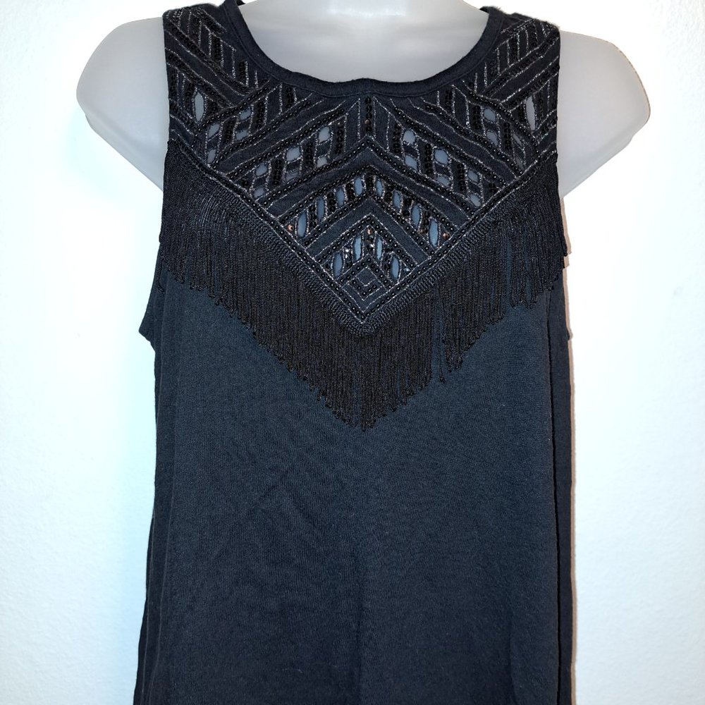 Express Women's Black Fringe&Sequin Detailed Sleeveless Top W/Cutout Design M